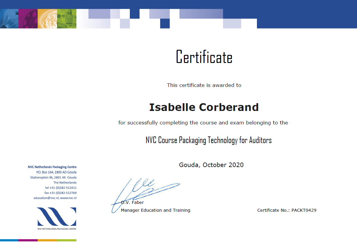 Packaging Auditor Certificate Isabelle Corberand 2020